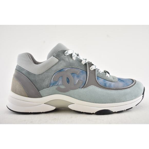 Chanel 20S Mens Grey Blue Silver White CC Logo Low Top Trainer Sneaker 44 11 - Picture 2 of 12